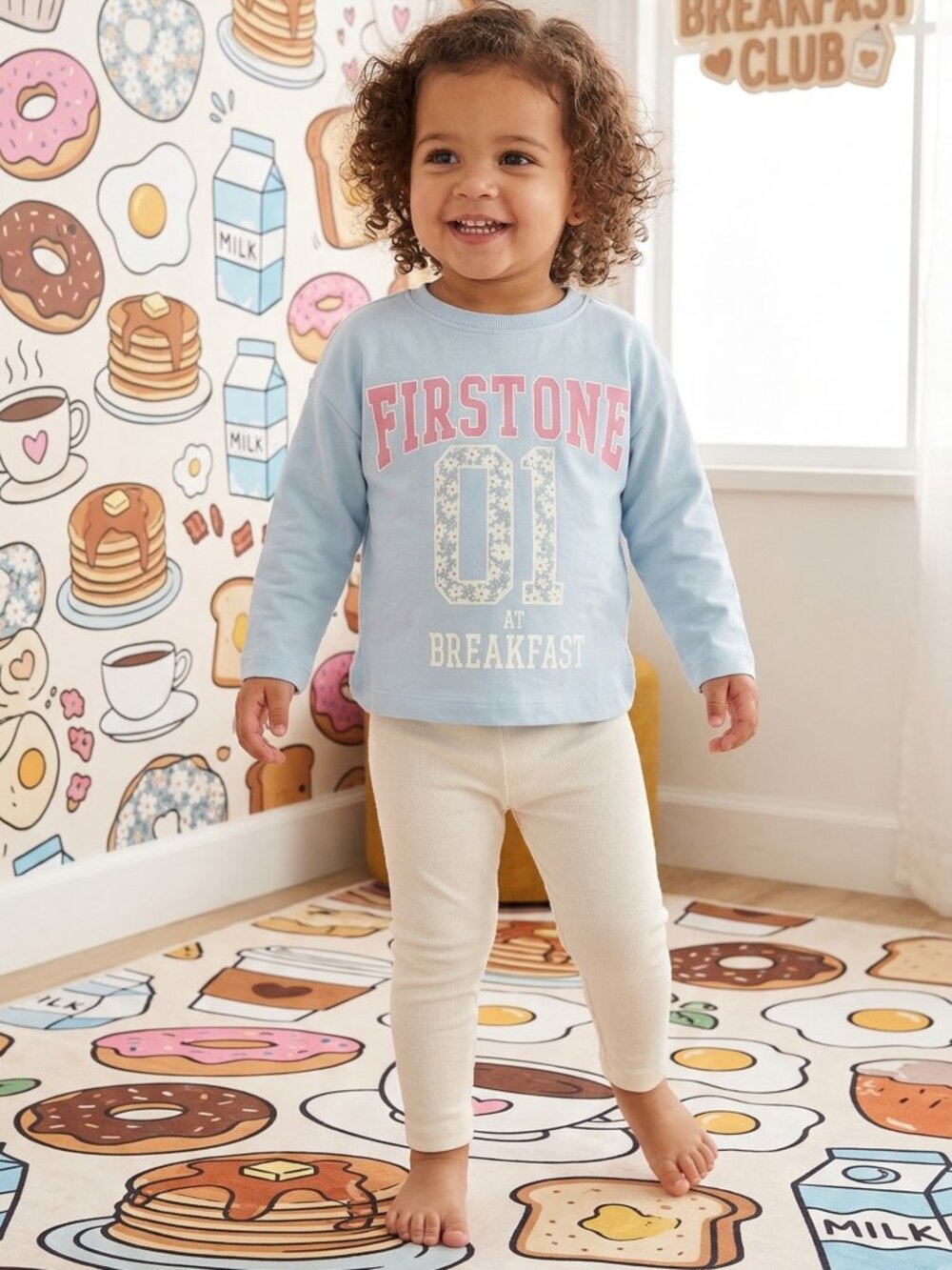Athletic "First One At Breakfast" Lounge Set - Blue & Cream Ribbed Outfit